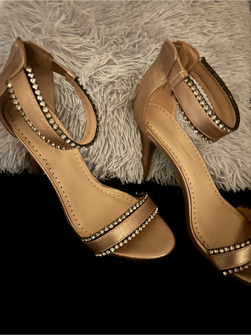 Adrienne Vittadini Metallic Rose Gold Crystal Ankle-Strap Heels